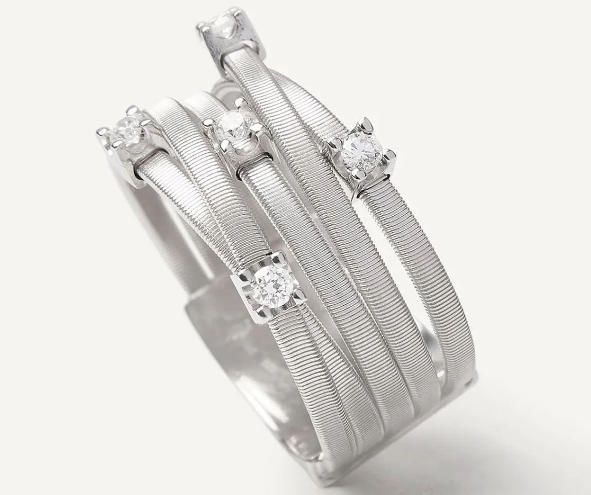 Marco Bicego Rings|Five-Band White Gold Ring With Prong-Set Diamonds And A Diamond-Studded Plaque