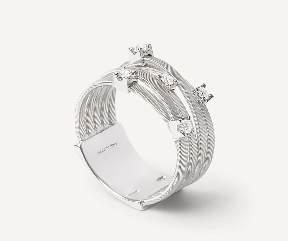Marco Bicego Rings|Five-Band White Gold Ring With Prong-Set Diamonds And A Diamond-Studded Plaque