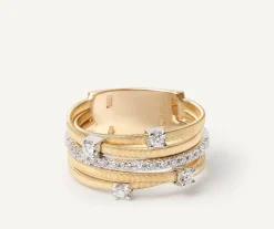 Marco Bicego Rings|Five-Band Yellow Gold Ring With Prong-Set Diamonds And A Diamond-Studded Plaque
