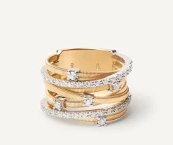 Marco Bicego Rings|Seven-Band Yellow Gold Ring With Prong-Set Diamonds And Diamond-Studded Plaques