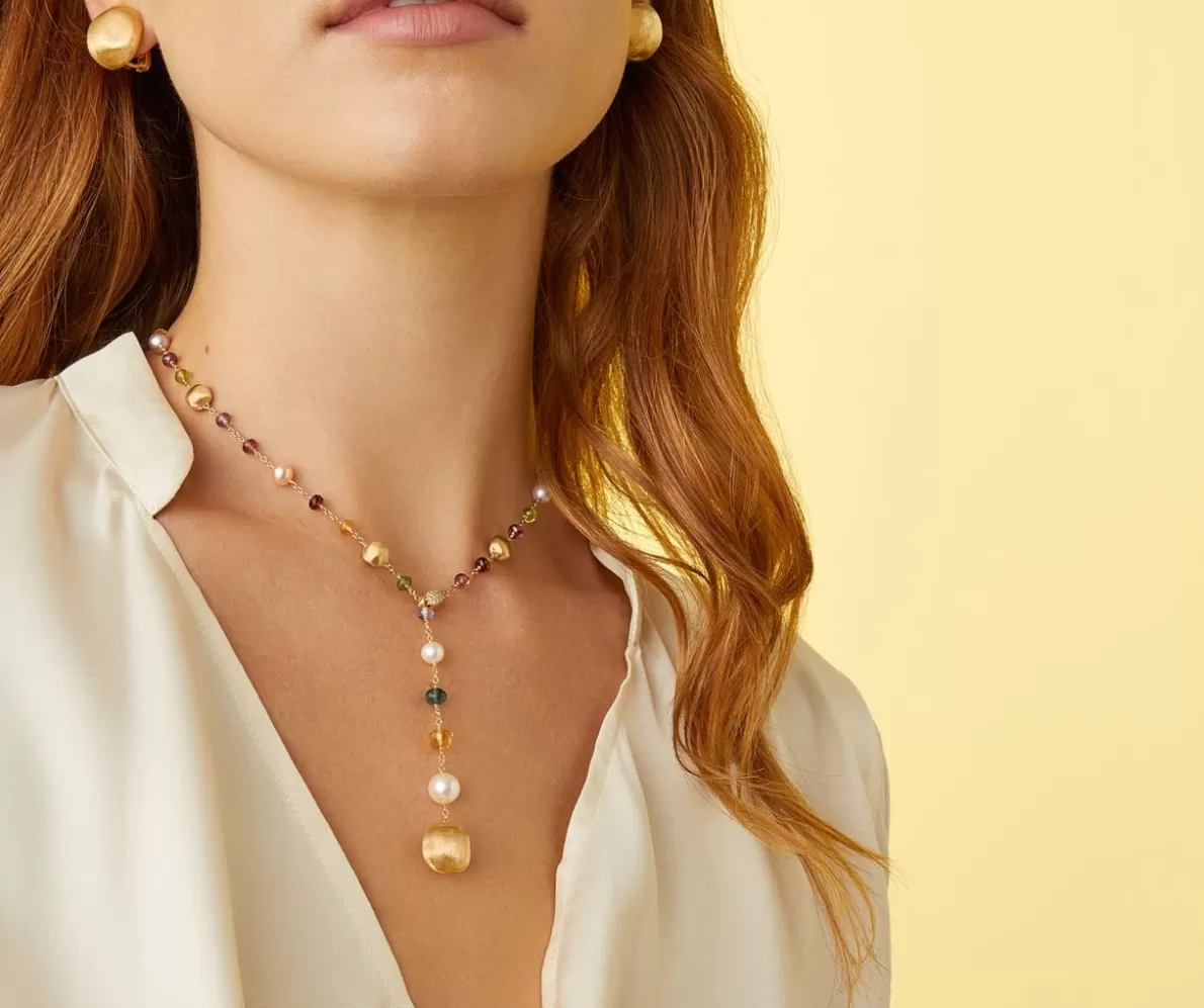 Marco Bicego Mixed Gemstone And Pearls 18Kt Yellow Gold Lariat Necklace | Necklaces