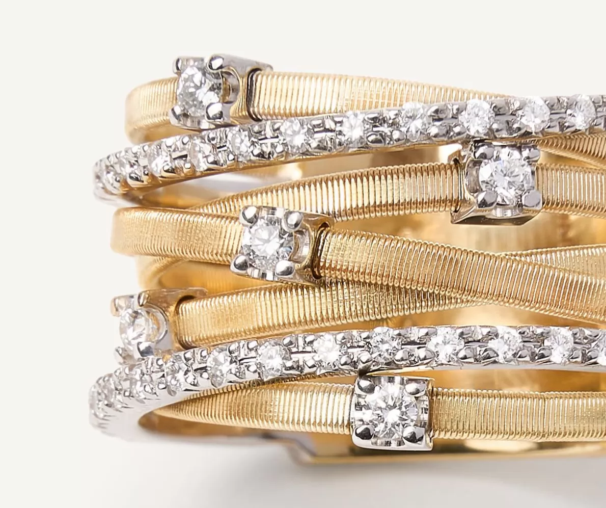 Marco Bicego Seven-Band Yellow Gold Ring With Prong-Set Diamonds And Diamond-Studded Plaques | Rings