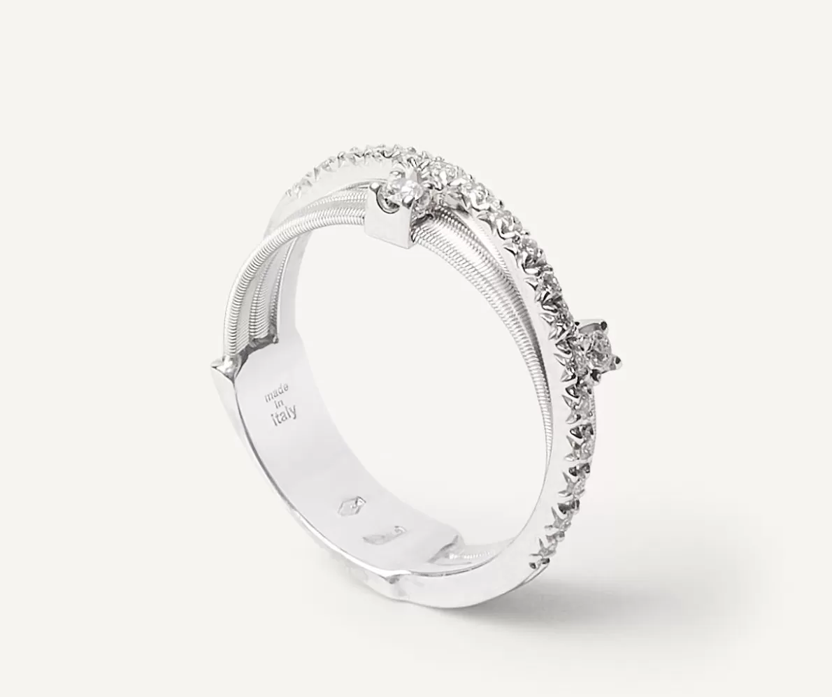 Marco Bicego Three-Band White Gold Ring With Prong-Set Diamonds And A Diamond-Studded Plaque | Rings
