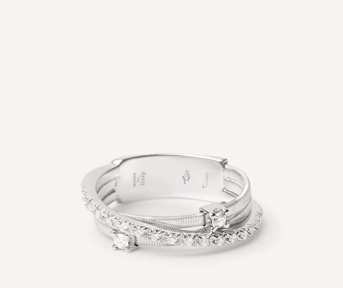 Marco Bicego Three-Band White Gold Ring With Prong-Set Diamonds And A Diamond-Studded Plaque | Rings